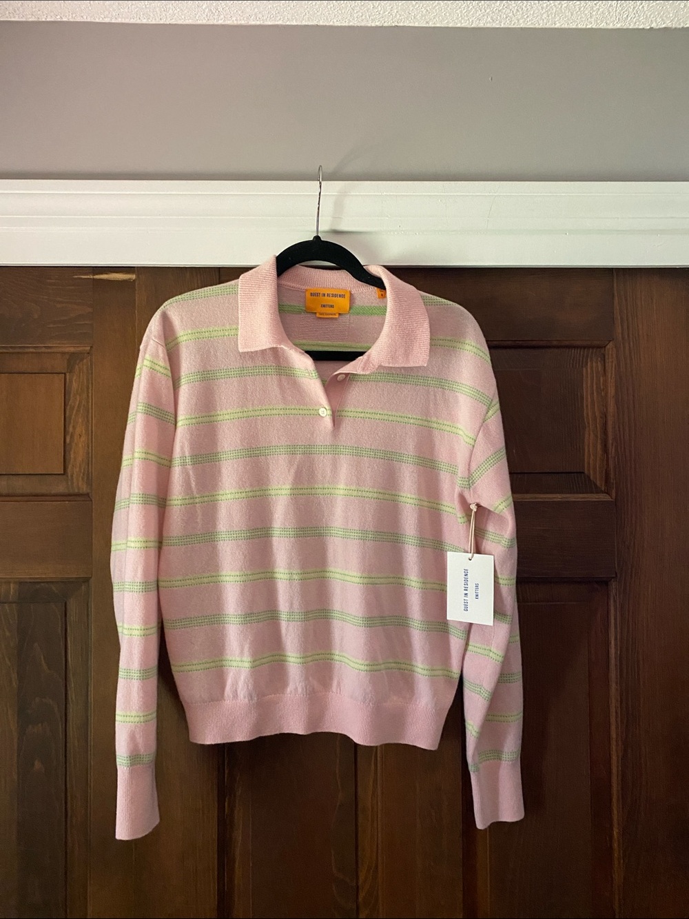 NWT! Guest in Residence 100% cashmere collegiate stripe polo power pink medium